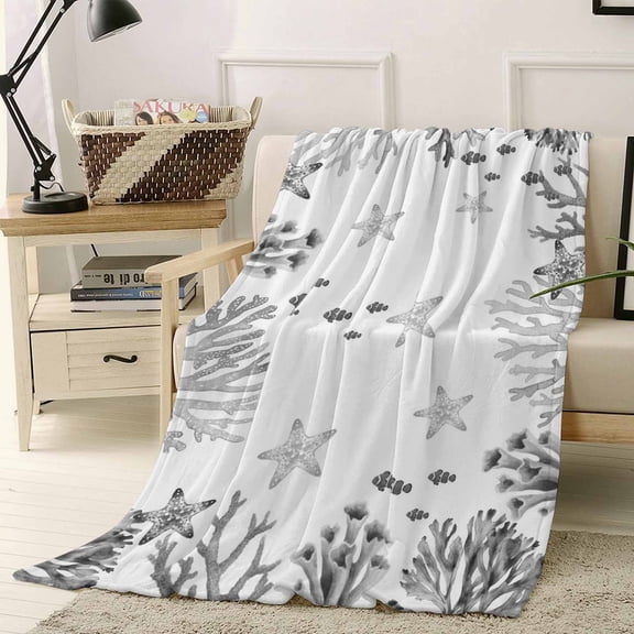 Throw Blanket Fleece Throw Blanket 40x50in, Summer Sea Fish Starfish Coral Soft Lightweight Bed Blankets Coastal Ocean Life Fuzzy Couch Blankets for All Season