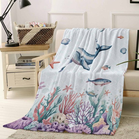 Throw Blanket Fleece Throw Blanket 40x50in, Summer Sea Whale Fish Coral Soft Lightweight Bed Blankets Watercolor Ocean Shell Starfish Fuzzy Couch Blankets for All Season