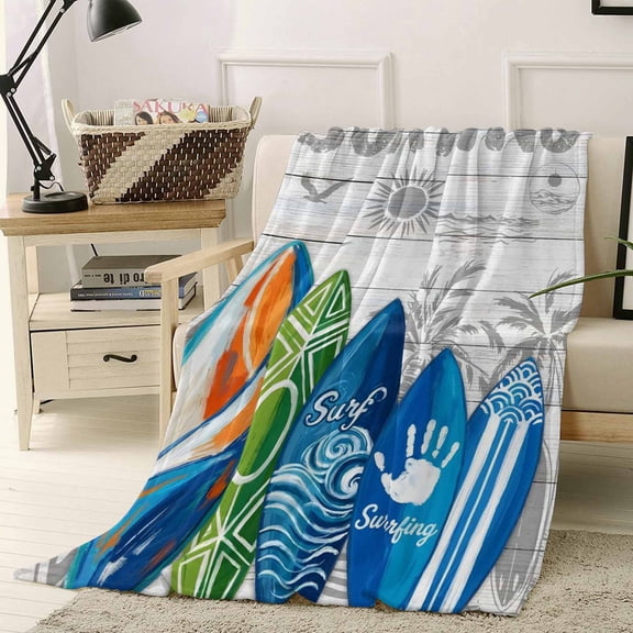 Throw Blanket Fleece Throw Blanket 40x50in, Summer Surfing Tropical Surfboard Palm Tree Soft Lightweight Bed Blankets Wood Board Fuzzy Couch Blankets for All Season