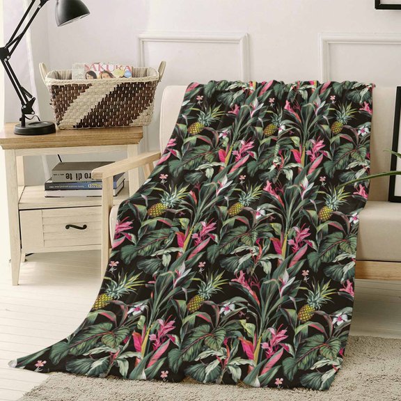 Throw Blanket Fleece Throw Blanket 40x50in, Summer Tropical Fruit Pineapple Soft Lightweight Bed Blankets Jungle Green Plant on Black Fuzzy Couch Blankets for All Season