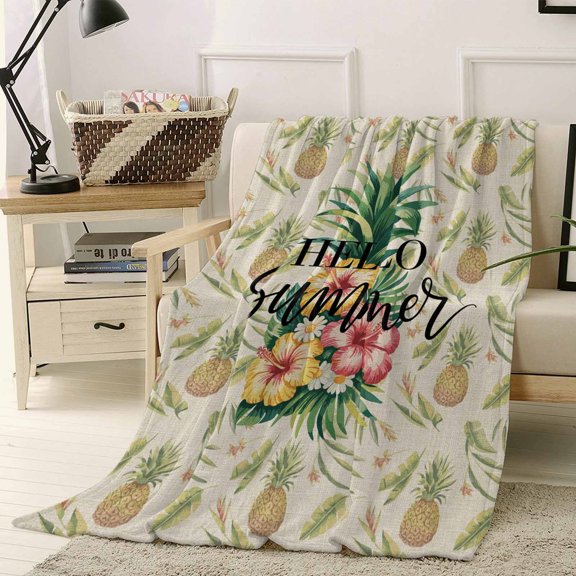 Throw Blanket Fleece Throw Blanket 40x50in, Summer Tropical Pineapple Flower Soft Lightweight Bed Blankets Seamless Fruit Retro Linen Fuzzy Couch Blankets for All Season