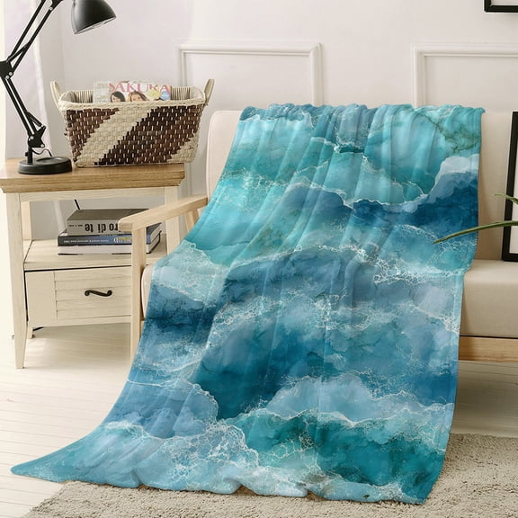 Throw Blanket Fleece Throw Blanket 40x50in, Summer Turquoise Ocean Wave Soft Lightweight Bed Blankets Modern Gradient Water Ripple Fuzzy Couch Blankets for All Season