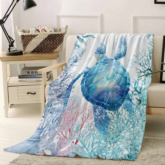 Throw Blanket Fleece Throw Blanket 40x50in, Summer Watercolor Blue Sea Turtles Soft Lightweight Bed Blankets Marine Life Corals Fuzzy Couch Blankets for All Season