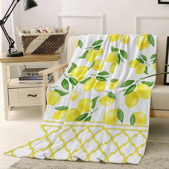 Throw Blanket Fleece Throw Blanket 40x50in, Summer Watercolor Lemon Fruit Soft Lightweight Bed Blankets Yellow Moroccan Tile Fuzzy Couch Blankets for All Season