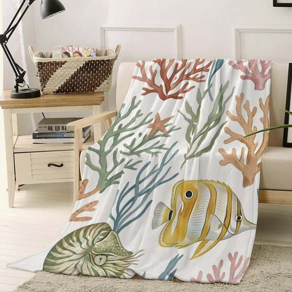 Throw Blanket Fleece Throw Blanket 40x50in, Summer Watercolor Tropical Fish Soft Lightweight Bed Blankets Green Brown Corals Fuzzy Couch Blankets for All Season