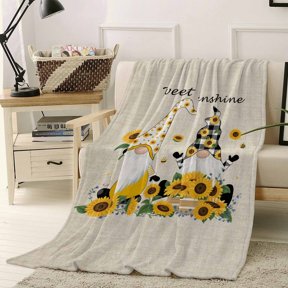 Throw Blanket Fleece Throw Blanket 40x50in, Sweet Sunshine Words Gnomes Soft Lightweight Bed Blankets Farm Sunflowers on Linen Fuzzy Couch Blankets for All Season