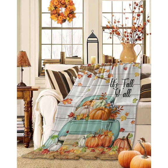 Throw Blanket Fleece Throw Blanket 40x50in, Thanksgiving Orange Pumpkin Autumn Maple Leaves Tree Soft Lightweight Bed Blankets Farm Wood Board Fuzzy Couch Blankets for All Season