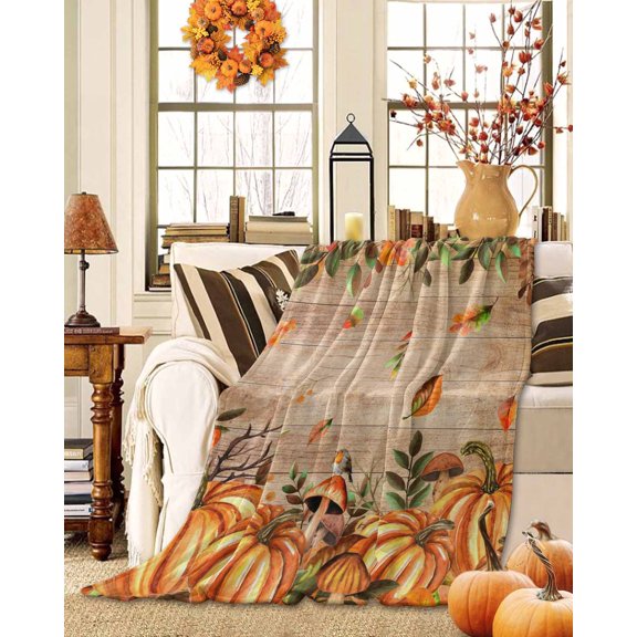 Throw Blanket Fleece Throw Blanket 40x50in, Thanksgiving Orange Pumpkin Fallen Leaves Soft Lightweight Bed Blankets Farm Brown Wood Board Fuzzy Couch Blankets for All Season