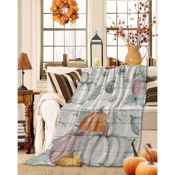 Throw Blanket Fleece Throw Blanket 40x50in, Thanksgiving Pastoral Pumpkin Harvest Soft Lightweight Bed Blankets Farm Wooden Board Fuzzy Couch Blankets for All Season