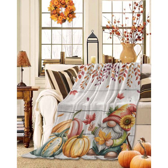 Throw Blanket Fleece Throw Blanket 40x50in, Thanksgiving Pumpkin Gnome Sunflower Soft Lightweight Bed Blankets Fall Maple Leaf Wood Board Fuzzy Couch Blankets for All Season