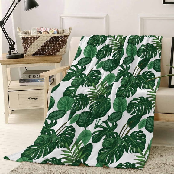 Throw Blanket Fleece Throw Blanket 40x50in, Tropical Plants Turtle Backwood Soft Lightweight Bed Blankets Watercolor Green Leaves Fuzzy Couch Blankets for All Season