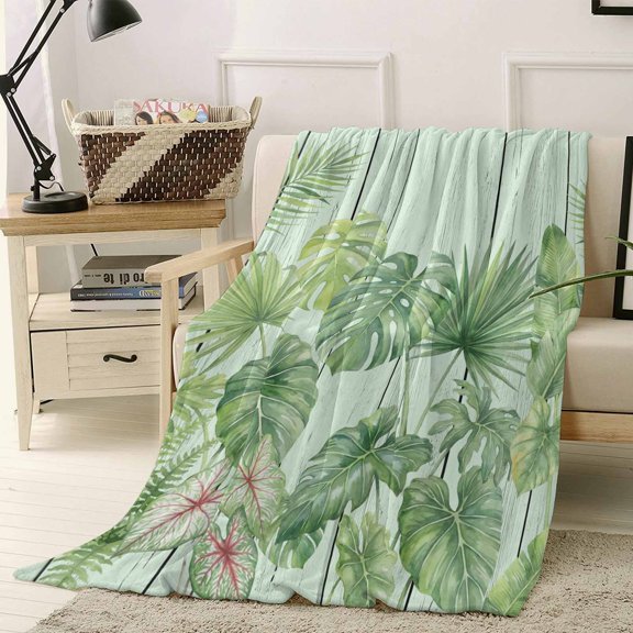 Throw Blanket Fleece Throw Blanket 40x50in, Tropical Watercolor Plant Leaves Soft Lightweight Bed Blankets Green Leaf Farm Wood Grain Fuzzy Couch Blankets for All Season