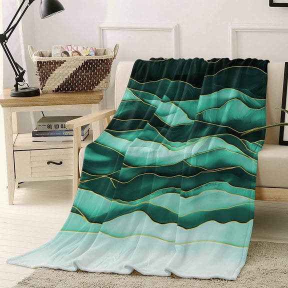 Throw Blanket Fleece Throw Blanket 40x50in, Turquoise Gradient Abstract Geometric Soft Lightweight Bed Blankets Gold Waves Fuzzy Couch Blankets for All Season