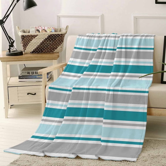 Throw Blanket Fleece Throw Blanket 40x50in, Turquoise Gray Striped Soft Lightweight Bed Blankets Geometric Horizontal Stripes Fuzzy Couch Blankets for All Season