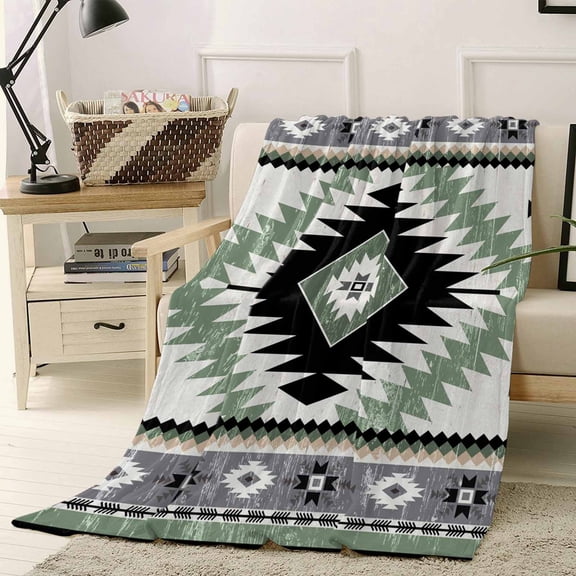 Throw Blanket Fleece Throw Blanket 40x50in, Vintage Aztec Sage Green Geometric Soft Lightweight Bed Blankets Boho Tribal Southwest Fuzzy Couch Blankets for All Season
