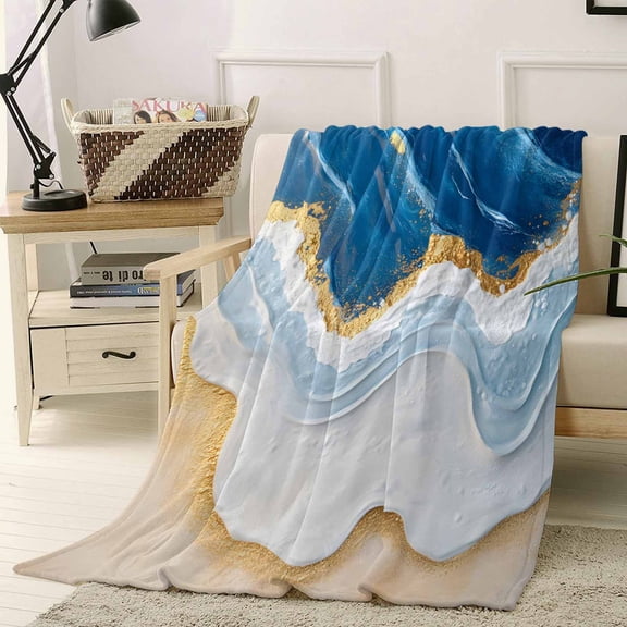 Throw Blanket Fleece Throw Blanket 40x50in, Vintage Blue Ocean Waves Beach Soft Lightweight Bed Blankets Abstract Art Fuzzy Couch Blankets for All Season