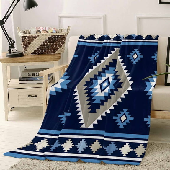Throw Blanket Fleece Throw Blanket 40x50in, Vintage Bohemian Pattern Soft Lightweight Bed Blankets Blue White Geometric Art Fuzzy Couch Blankets for All Season