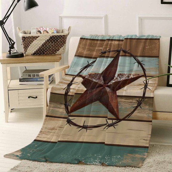 Throw Blanket Fleece Throw Blanket 40x50in, Vintage Country Star Soft Lightweight Bed Blankets Retro Wood Stripe Fuzzy Couch Blankets for All Season