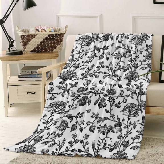 Throw Blanket Fleece Throw Blanket 40x50in, Vintage Farm Black Flower Pattern Soft Lightweight Bed Blankets Pastoral Floral on White Fuzzy Couch Blankets for All Season