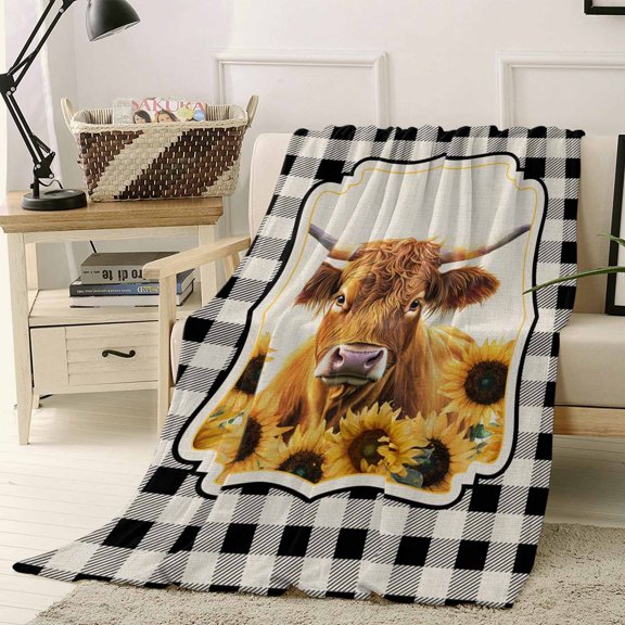 Throw Blanket Fleece Throw Blanket 40x50in, Vintage Farm Cow Sunflowers Soft Lightweight Bed Blankets Black White Buffalo Check Fuzzy Couch Blankets for All Season
