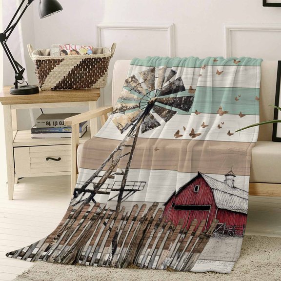 Throw Blanket Fleece Throw Blanket 40x50in, Vintage Farmhouse Windmill House Soft Lightweight Bed Blankets Rural Butterfly Wood Grain Fuzzy Couch Blankets for All Season