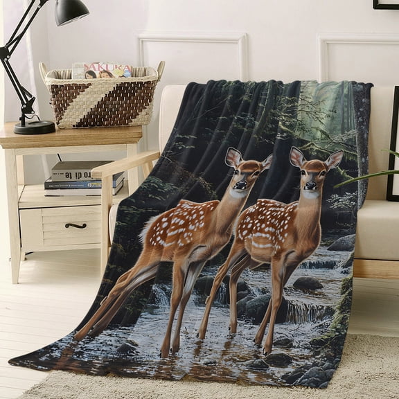 Throw Blanket Fleece Throw Blanket 40x50in, Vintage Forest Deer Soft Lightweight Bed Blankets Summer River And Reindeer Fuzzy Couch Blankets for All Season
