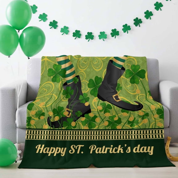 Throw Blanket Fleece Throw Blanket 40x50in, Vintage Happy St. Patrick's Day Soft Lightweight Bed Blankets Lucky Green Clovers Dancing Leprechaun Fuzzy Couch Blankets for All Season