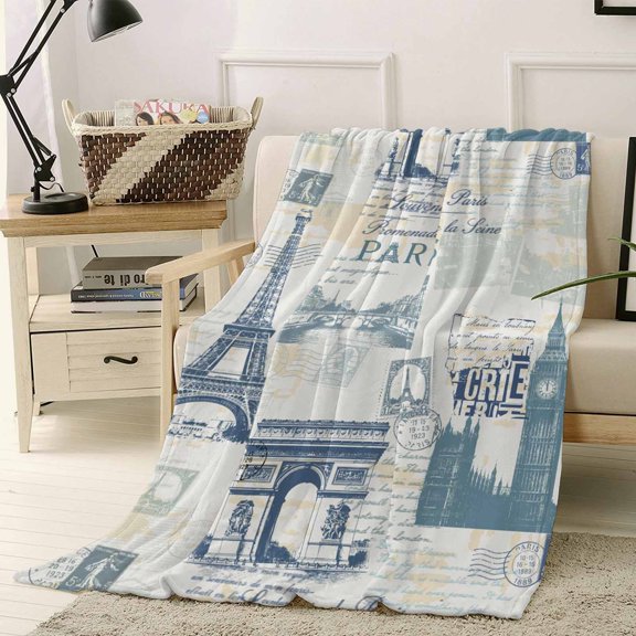 Throw Blanket Fleece Throw Blanket 40x50in, Vintage Paris Architectural Blue Soft Lightweight Bed Blankets Modern Abstract Art Fuzzy Couch Blankets for All Season