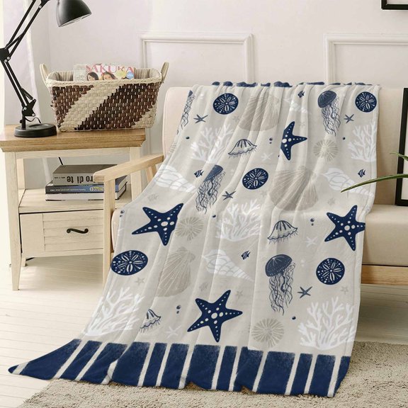 Throw Blanket Fleece Throw Blanket 40x50in, Vintage Sea Shells Corals on Linen Soft Lightweight Bed Blankets Deep Blue Stripes Fuzzy Couch Blankets for All Season