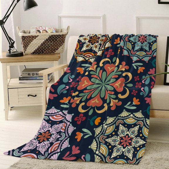 Throw Blanket Fleece Throw Blanket 40x50in, Vintage Turkish Pattern Soft Lightweight Bed Blankets Abstract Bohemian Flowers Fuzzy Couch Blankets for All Season