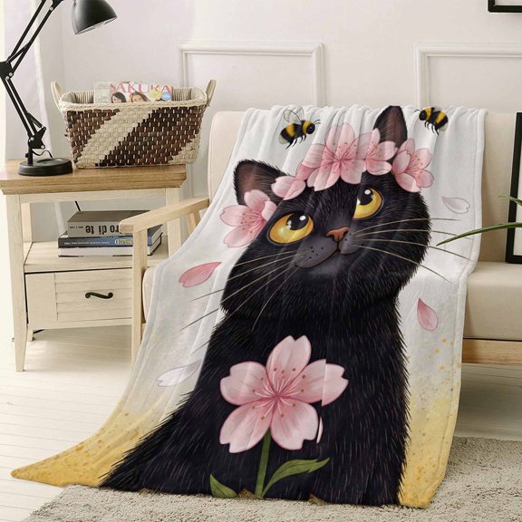 Throw Blanket Fleece Throw Blanket 40x50in, Watercolor Black Funny Kitty Soft Lightweight Bed Blankets Farm Pink Flowers Bees Fuzzy Couch Blankets for All Season