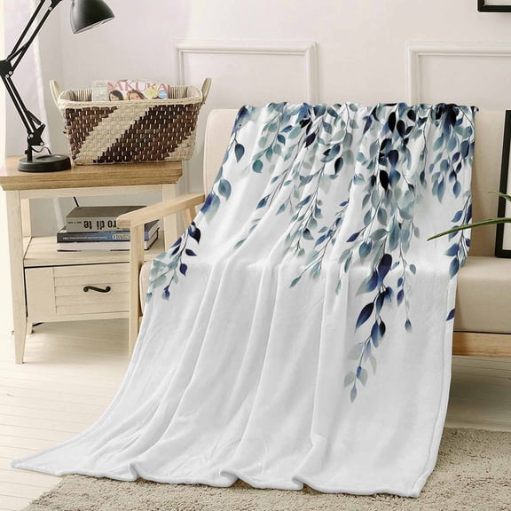 Throw Blanket Fleece Throw Blanket 40x50in, Watercolor Blue Eucalyptus Leaves Soft Lightweight Bed Blankets Vintage Leaves on Top Fuzzy Couch Blankets for All Season