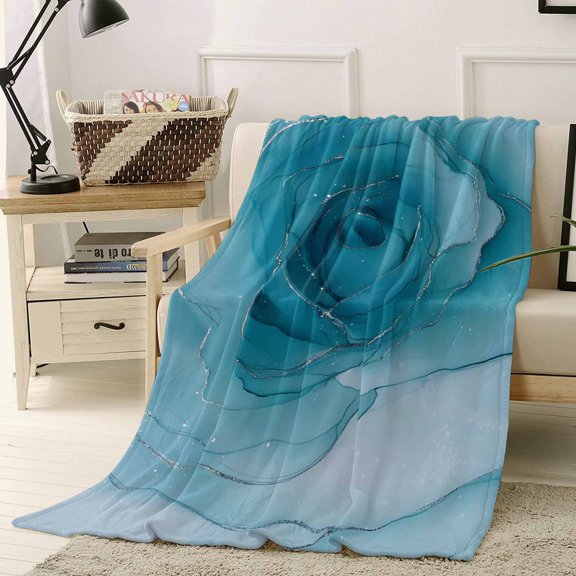 Throw Blanket Fleece Throw Blanket 40x50in, Watercolor Blue Gradient Rose Pattern Soft Lightweight Bed Blankets Retro Silver Lines Fuzzy Couch Blankets for All Season