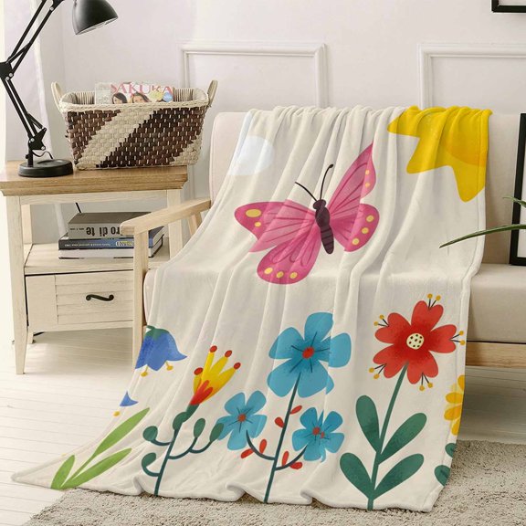 Throw Blanket Fleece Throw Blanket 40x50in, Watercolor Butterfly Flowers Sun Soft Lightweight Bed Blankets Funny Cartoon Style Garden Fuzzy Couch Blankets for All Season
