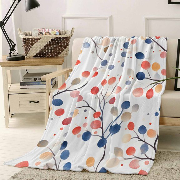 Throw Blanket Fleece Throw Blanket 40x50in, Watercolor Colorful Botanical Leaves Soft Lightweight Bed Blankets Rural Tree Branch on White Fuzzy Couch Blankets for All Season