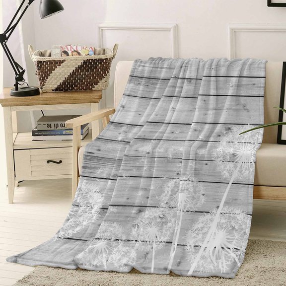 Throw Blanket Fleece Throw Blanket 40x50in, Watercolor Dandelion on Grey Wood Board Soft Lightweight Bed Blankets Vintage Botantical Fuzzy Couch Blankets for All Season