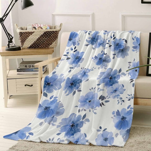 Throw Blanket Fleece Throw Blanket 40x50in, Watercolor Flower Leaf Soft Lightweight Bed Blankets Spring Blue Ombre Floral Fuzzy Couch Blankets for All Season