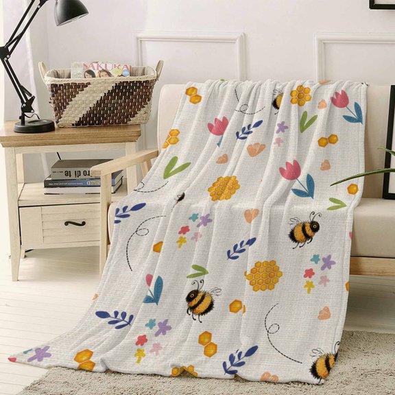 Throw Blanket Fleece Throw Blanket 40x50in, Watercolor Flower Leaves Bees Soft Lightweight Bed Blankets Rustic Honeycomb on Burlap Fuzzy Couch Blankets for All Season