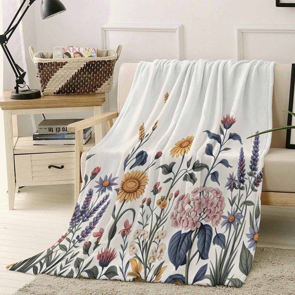 Throw Blanket Fleece Throw Blanket 40x50in, Watercolor Flowers Plant Vines Soft Lightweight Bed Blankets Retro Hand Drawn Art Fuzzy Couch Blankets for All Season