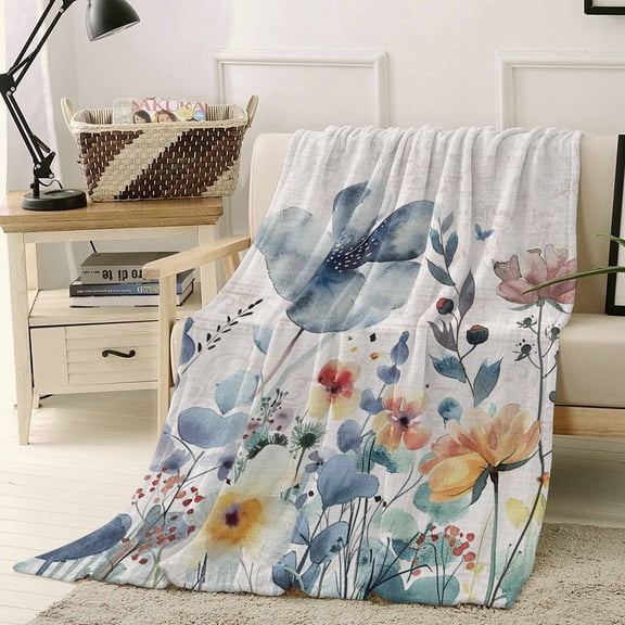 Throw Blanket Fleece Throw Blanket 40x50in, Watercolor Garden Flower Leaves Soft Lightweight Bed Blankets Pastoral Floral on Farm Burlap Fuzzy Couch Blankets for All Season