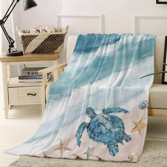 Throw Blanket Fleece Throw Blanket 40x50in, Watercolor Ocean Theme Beach Turtle Soft Lightweight Bed Blankets Marine Starfish Shell Fuzzy Couch Blankets for All Season