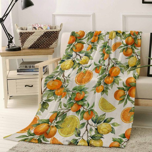 Throw Blanket Fleece Throw Blanket 40x50in, Watercolor Oranges Lemons Leaves Soft Lightweight Bed Blankets Vintage Summer Fruit Fuzzy Couch Blankets for All Season