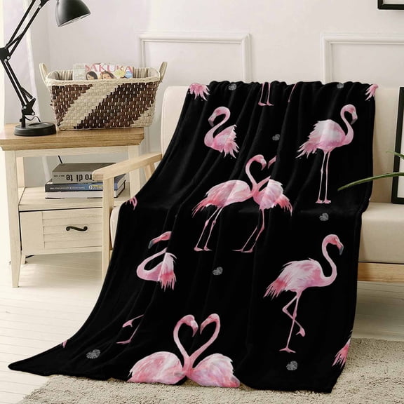 Throw Blanket Fleece Throw Blanket 40x50in, Watercolor Pink Flamingo Soft Lightweight Bed Blankets Tropical Animal on Black Fuzzy Couch Blankets for All Season