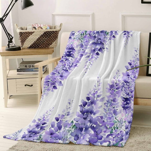 Throw Blanket Fleece Throw Blanket 40x50in, Watercolor Purple Vineflowers Leaves Soft Lightweight Bed Blankets Spring Summer Floral Fuzzy Couch Blankets for All Season
