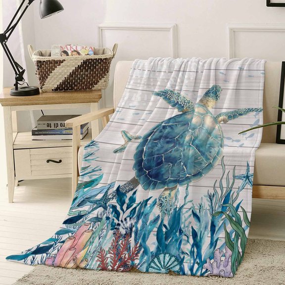 Throw Blanket Fleece Throw Blanket 40x50in, Watercolor Sea Turtle on Farm Wood Soft Lightweight Bed Blankets Sea Stars Corals Fuzzy Couch Blankets for All Season