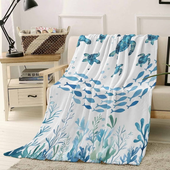 Throw Blanket Fleece Throw Blanket 40x50in, Watercolor Sea Turtle Fish Seaweed Soft Lightweight Bed Blankets Underwater World Ocean Life Fuzzy Couch Blankets for All Season
