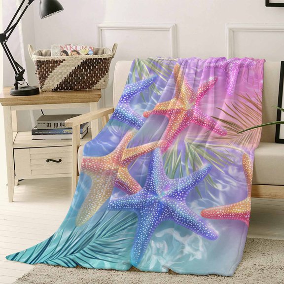 Throw Blanket Fleece Throw Blanket 40x50in, Watercolor Summer Sea Starfish Soft Lightweight Bed Blankets Romantic Marine Life Fuzzy Couch Blankets for All Season