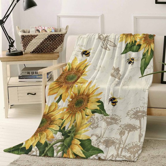 Throw Blanket Fleece Throw Blanket 40x50in, Watercolor Sunflower Bee Dragonfly Soft Lightweight Bed Blankets Country Floral Retro Letter Fuzzy Couch Blankets for All Season