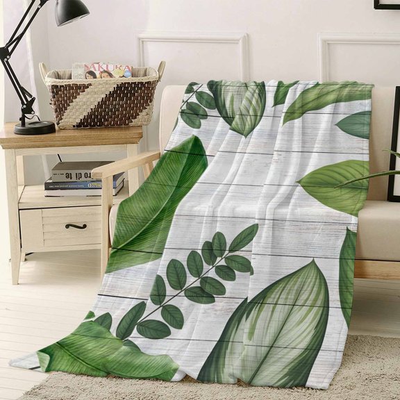Throw Blanket Fleece Throw Blanket 40x50in, Watercolor Tropical Plant Soft Lightweight Bed Blankets Green Leaf Rustic Wood Board Fuzzy Couch Blankets for All Season