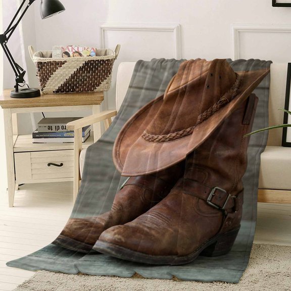 Throw Blanket Fleece Throw Blanket 40x50in, Western Cowboy Boots Hat Soft Lightweight Bed Blankets Farm Wooden Plank Fuzzy Couch Blankets for All Season